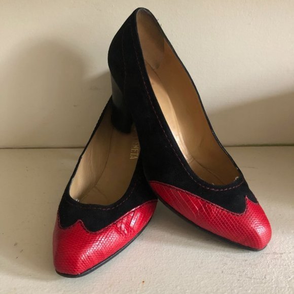 Vtg BOTTEGA VENETA Wingtip Snakeskin Leather Suede Contrast Stitch Heels 6.5 - Picture 12 of 16